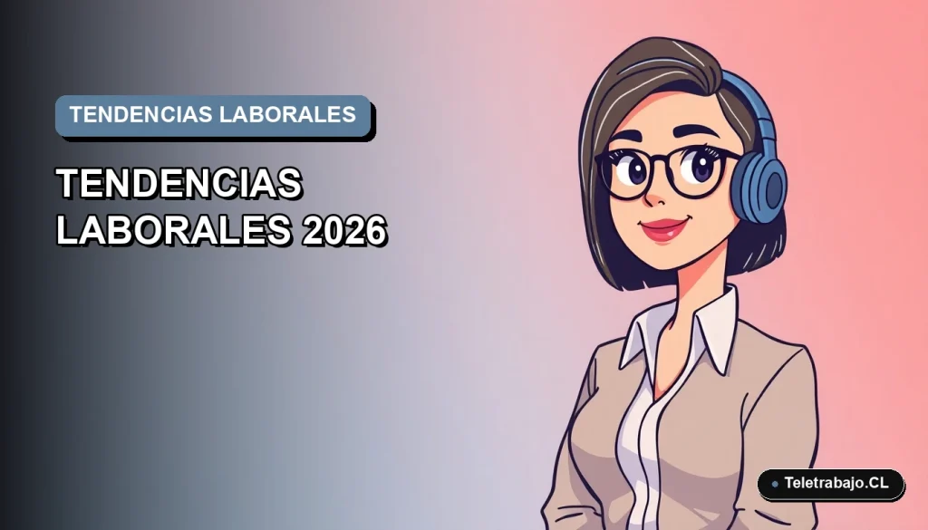 Ilustración vectorial plana de estilo premium que representa las tendencias laborales futuras en Chile, con un fondo de gradiente suave y un profesional en el extremo derecho.