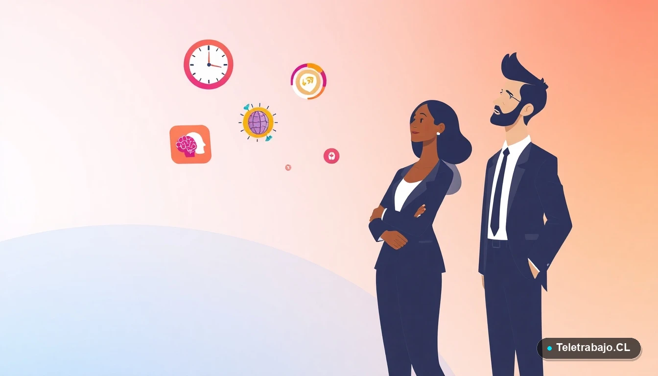 Ilustración de profesionales chilenos analizando las principales tendencias laborales para 2026 como IA y trabajo híbrido.