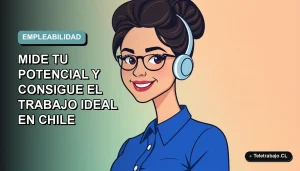 Ilustración vectorial plana de una mujer profesional chilena con blusa azul y pelo recogido, sonriendo, sobre un fondo degradado suave. Concepto de test de empleabilidad y potencial laboral.