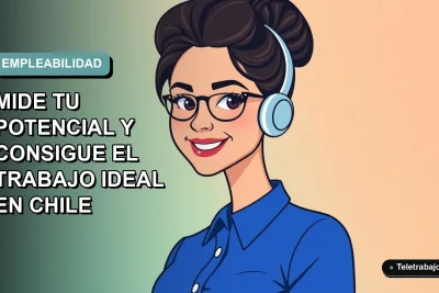 Ilustración vectorial plana de una mujer profesional chilena con blusa azul y pelo recogido, sonriendo, sobre un fondo degradado suave. Concepto de test de empleabilidad y potencial laboral.