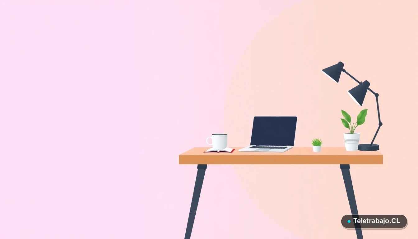 Escritorio moderno minimalista con laptop, cuaderno, taza de café y una planta suculenta, en estilo de ilustración vectorial plana. Concepto de espacio de trabajo ideal y productividad.