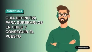 Ilustración plana vectorial de un trabajador masculino de tecnología con suéter verde, sobre un fondo degradado azul verdoso, representando una guía para superar entrevistas laborales en Chile.