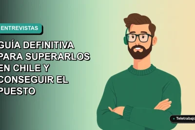 Ilustración plana vectorial de un trabajador masculino de tecnología con suéter verde, sobre un fondo degradado azul verdoso, representando una guía para superar entrevistas laborales en Chile.