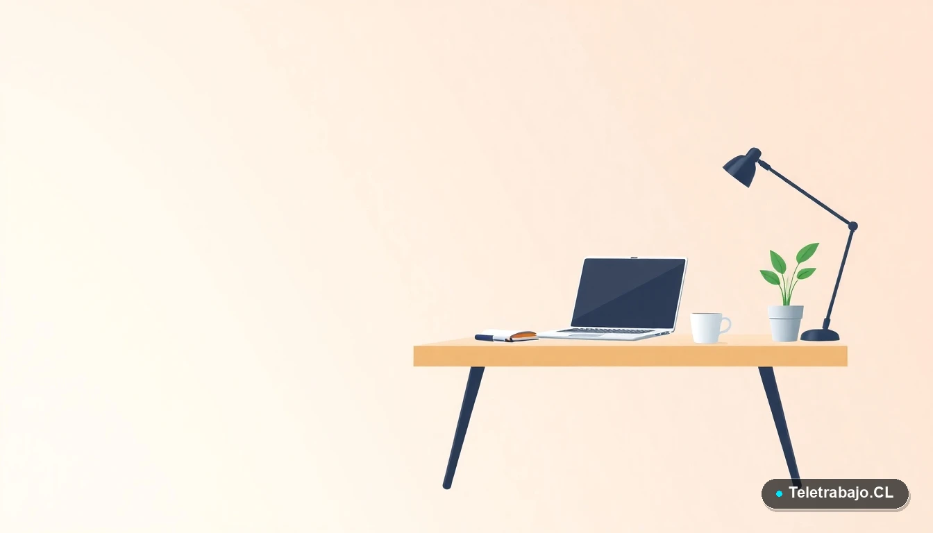 Escritorio moderno minimalista con laptop, cuaderno, taza de café y planta, en estilo de ilustración vectorial plana, sobre fondo degradado color menta.