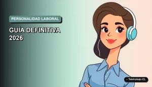 Ilustración plana vectorial de una mujer profesional de teletrabajo con blusa azul, mirando a la cámara, sobre fondo degradado suave. Concepto de test de personalidad laboral.