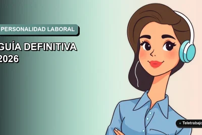 Ilustración plana vectorial de una mujer profesional de teletrabajo con blusa azul, mirando a la cámara, sobre fondo degradado suave. Concepto de test de personalidad laboral.