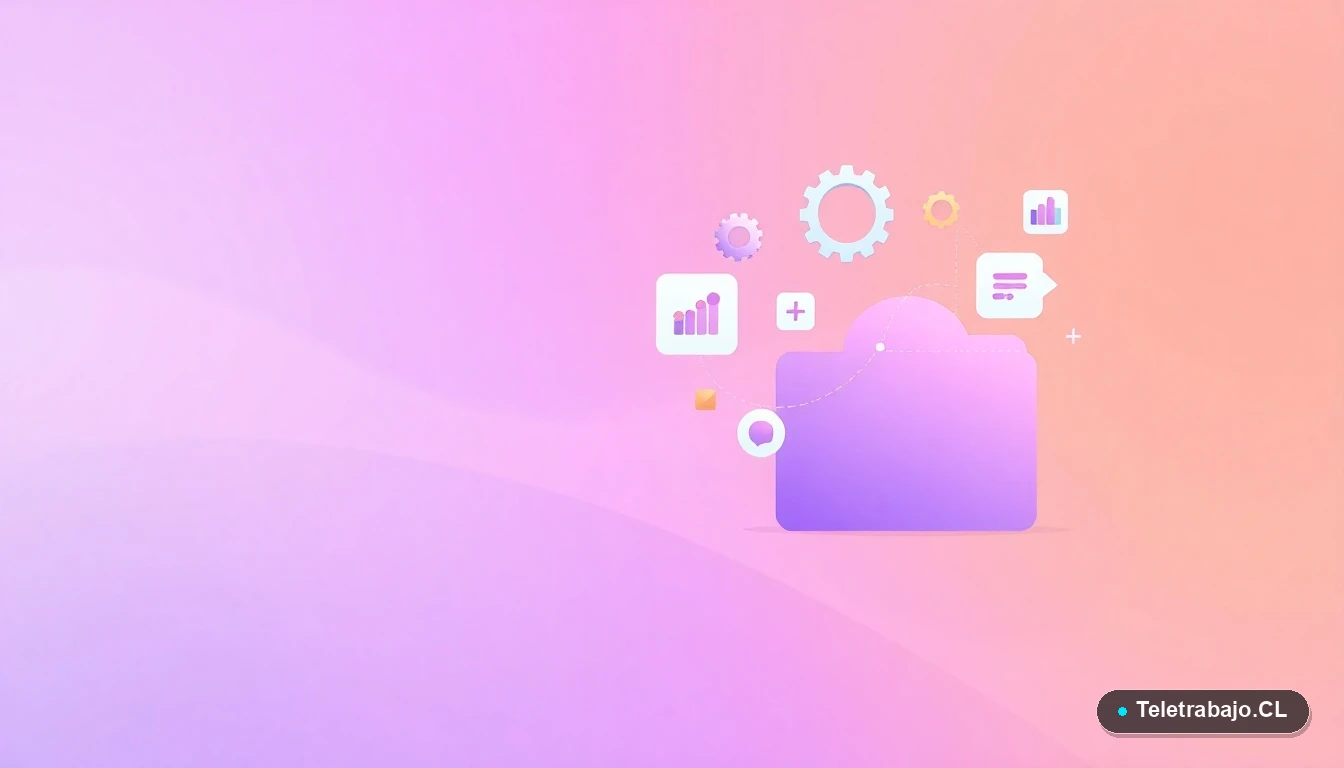 Composición abstracta de interfaz de usuario tecnológica con gráficos y iconos flotantes, sobre fondo degradado lavanda y melocotón, para artículo sobre evaluación de personalidad en el trabajo.