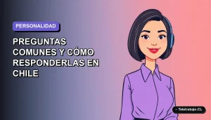 Ilustración plana de una mujer profesional chilena sonriendo, con blusa lila y corte bob, sobre fondo degradado azul y lavanda. Representa test de personalidad laboral.