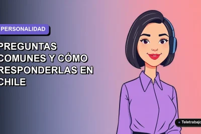 Ilustración plana de una mujer profesional chilena sonriendo, con blusa lila y corte bob, sobre fondo degradado azul y lavanda. Representa test de personalidad laboral.