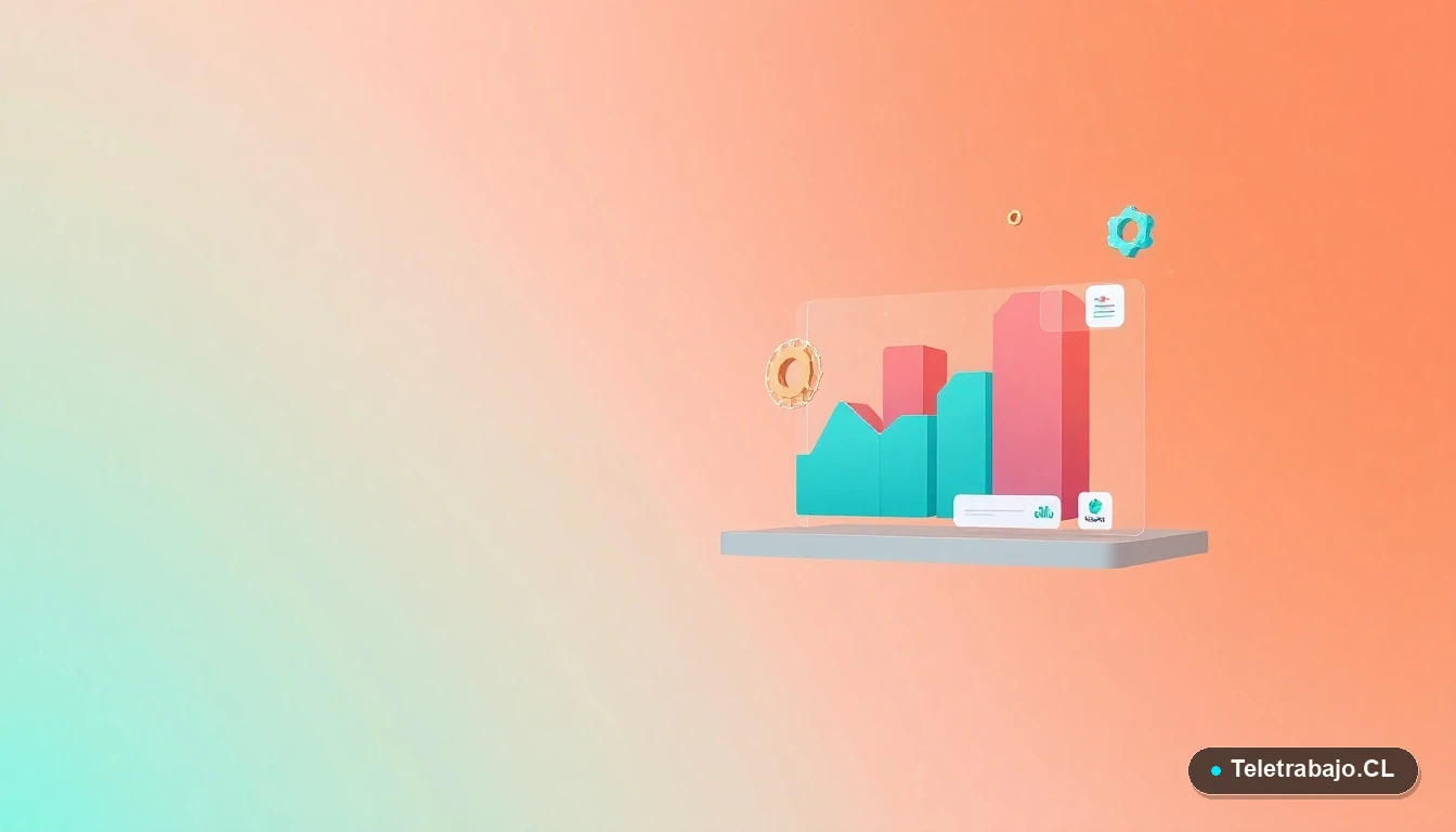 Ilustración abstracta de interfaz de usuario con gráficos flotantes y engranajes en colores vibrantes, sobre fondo degradado melocotón y menta, para artículo sobre evaluación laboral.