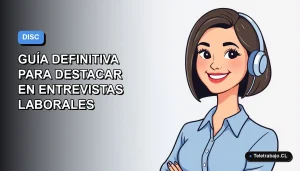 Ilustración vectorial plana de una mujer profesional chilena con blusa azul y corte de pelo bob, sonriendo, sobre fondo degradado azul y blanco, representando el test de personalidad DISC para entrevistas laborales.