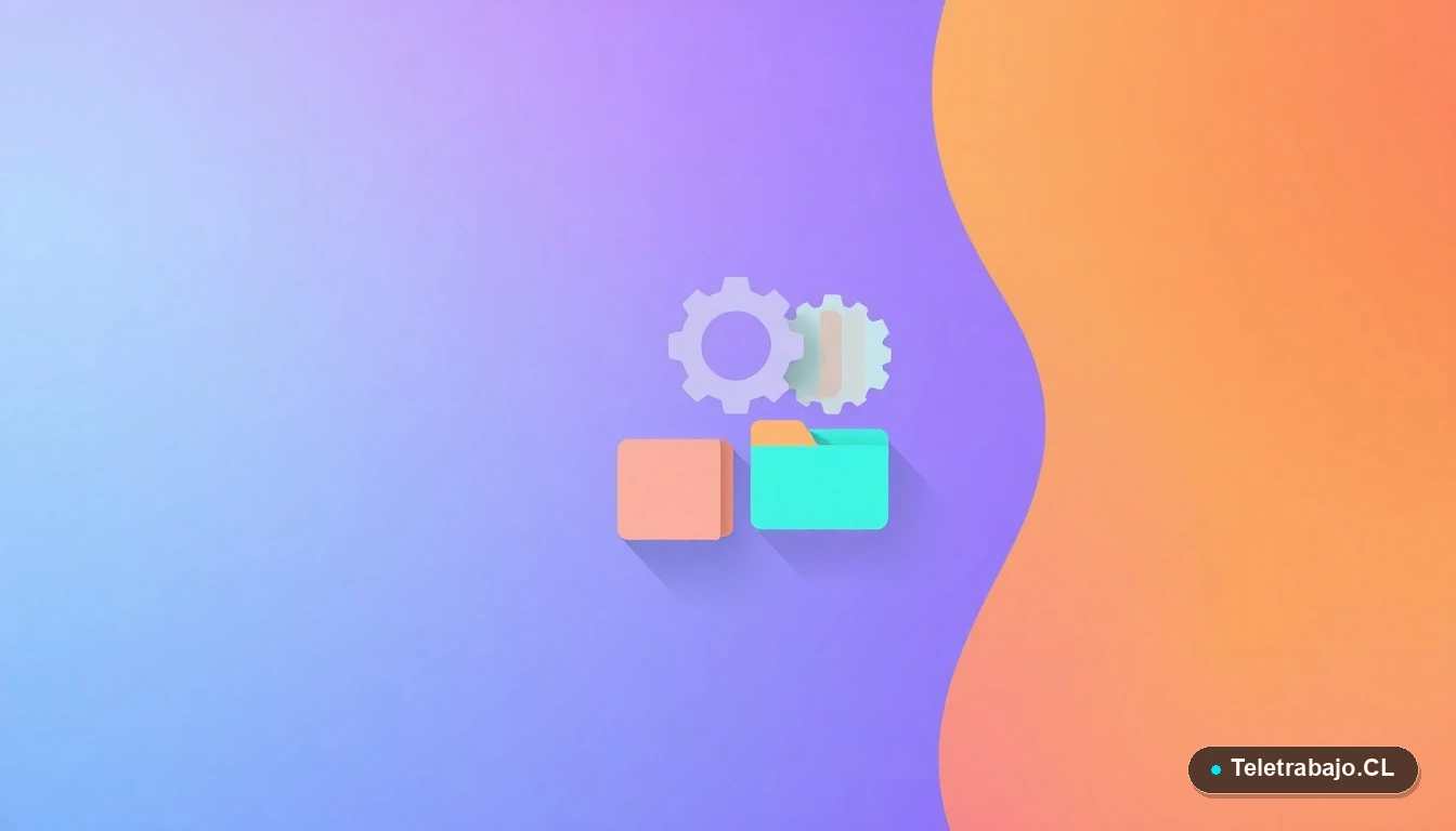 Composición abstracta de interfaz de usuario con gráficos, engranajes y carpetas en estilo vectorial plano, sobre fondo degradado lavanda y durazno, representando conceptos de análisis y personalidad del test DISC.