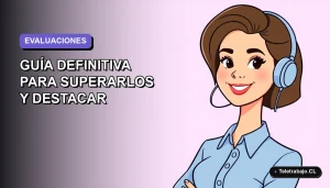 Ilustración vectorial plana de una mujer profesional chilena sonriente, con blusa azul y corte de pelo moderno, sobre fondo degradado lavanda suave. Representa la superación de evaluaciones psicolaborales.