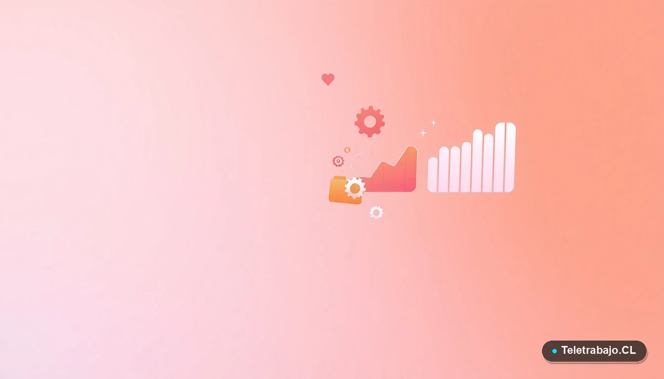 Elementos abstractos de interfaz de usuario tecnológica, con gráficos flotantes, iconos de engranajes y carpetas estilizadas en colores vibrantes, sobre fondo degradado. Concepto de evaluación y análisis de datos.