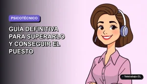 Ilustración plana de una profesional chilena sonriente, estilo vectorial moderno, junto a elementos de oficina minimalistas sobre fondo degradado lavanda suave.