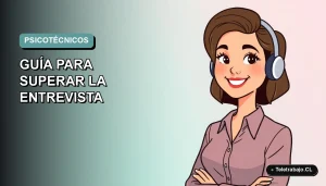 Ilustración plana de mujer profesional chilena sonriente, fondo degradado azul verdoso, concepto de evaluación psicolaboral.