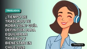 Ilustración plana vectorial de una mujer profesional chilena sonriente, con blusa azul y corte de pelo moderno, sobre fondo degradado suave azul verdoso. Representa el bienestar del teletrabajador.