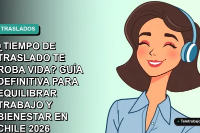 Ilustración plana vectorial de una mujer profesional chilena sonriente, con blusa azul y corte de pelo moderno, sobre fondo degradado suave azul verdoso. Representa el bienestar del teletrabajador.
