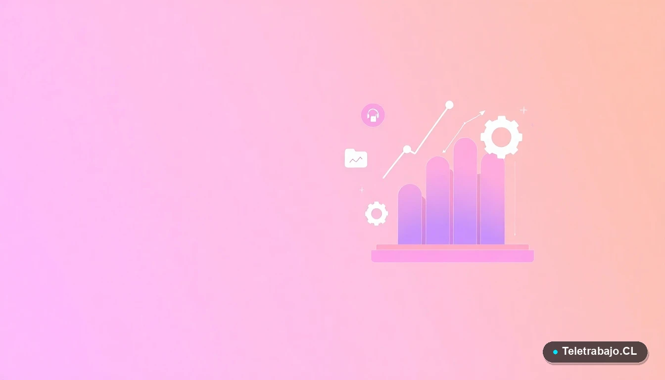 Composición abstracta de interfaz de usuario tecnológica con gráficos flotantes y iconos minimalistas, sobre fondo degradado lila y durazno. Representa datos, productividad y optimización del tiempo.
