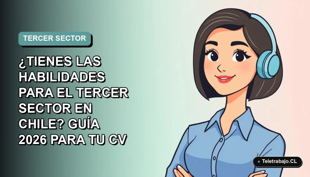 Ilustración plana de mujer profesional con blusa azul y corte bob, sobre fondo degradado verde azulado, representando habilidades para el Tercer Sector en Chile.