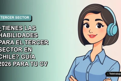 Ilustración plana de mujer profesional con blusa azul y corte bob, sobre fondo degradado verde azulado, representando habilidades para el Tercer Sector en Chile.
