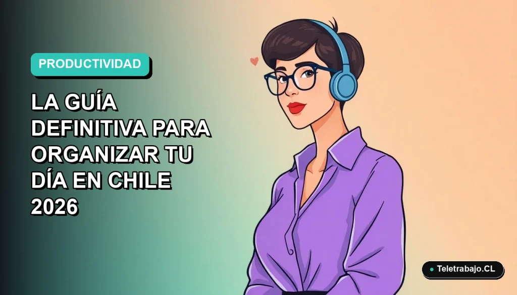 Ilustración vectorial plana de una mujer profesional chilena teletrabajando, con fondo degradado suave. Representa la técnica de time blocking para una jornada laboral organizada en 2026.