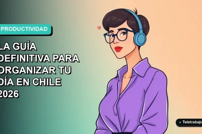 Ilustración vectorial plana de una mujer profesional chilena teletrabajando, con fondo degradado suave. Representa la técnica de time blocking para una jornada laboral organizada en 2026.