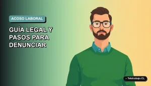 Ilustración vectorial plana de un trabajador masculino con suéter verde, sobre un fondo degradado suave. Representa guía legal sobre acoso laboral en Chile.