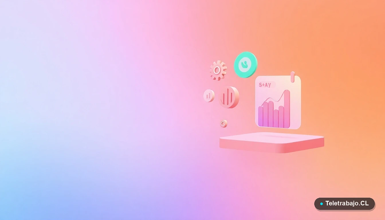 Interfaz de usuario abstracta con gráficos flotantes y iconos de datos, ilustración vectorial plana con fondo degradado melocotón y gris.