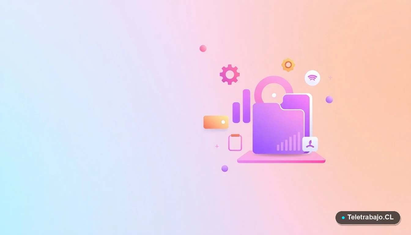 Composición abstracta de interfaz de usuario con gráficos y elementos flotantes en colores lavanda y durazno, sobre fondo degradado, concepto de tecnología y procesos.