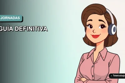 Ilustración plana corporativa de una trabajadora remota feliz, con fondo degradado azul verdoso, sobre tipos de jornada laboral en España.