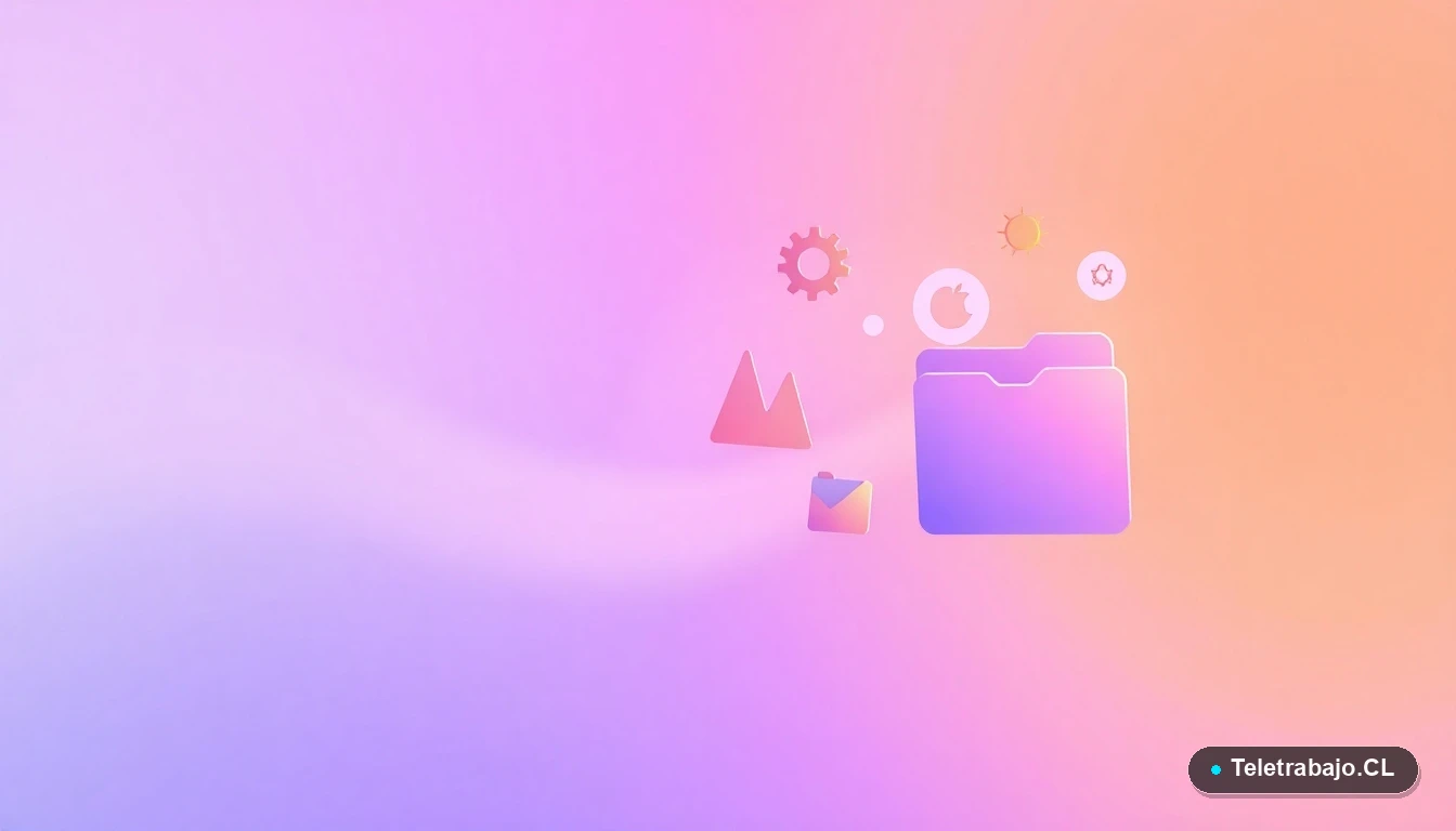 Composición abstracta de interfaz de usuario con gráficos flotantes y iconos de engranaje y carpeta, sobre fondo degradado lavanda, representando conceptos laborales.