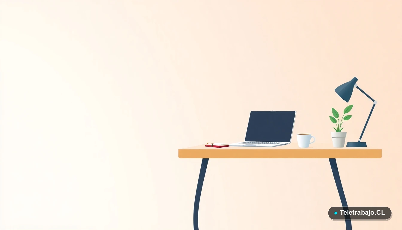 Escritorio moderno minimalista para trabajador independiente, con laptop y elementos de oficina, ilustración plana.