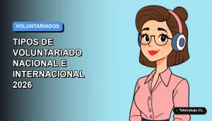 Ilustración plana vectorial de una mujer profesional trabajando de forma remota, con fondo degradado azul y espacio negativo, representando oportunidades de voluntariado.