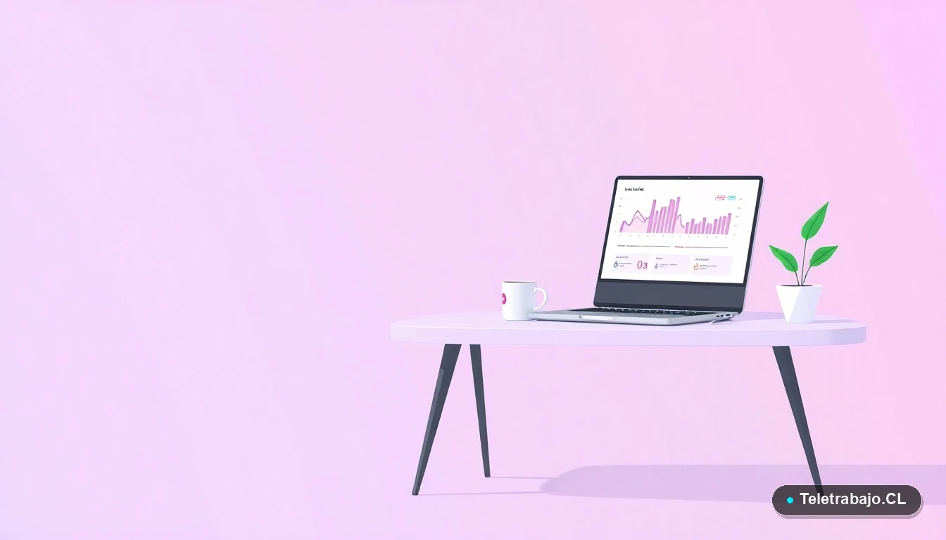 Escritorio moderno minimalista con laptop, taza de café y planta, en estilo de ilustración vectorial plana, sobre fondo degradado lavanda y gris. Concepto de espacio de trabajo limpio y productivo.