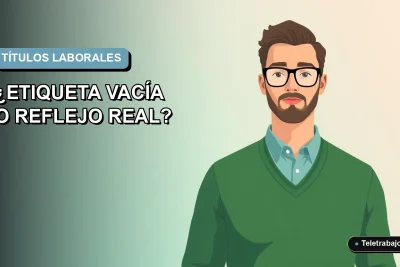 Ilustración plana corporativa de un hombre de teletrabajador con suéter verde, sobre un fondo degradado azul grisáceo. Espacio negativo a la izquierda.