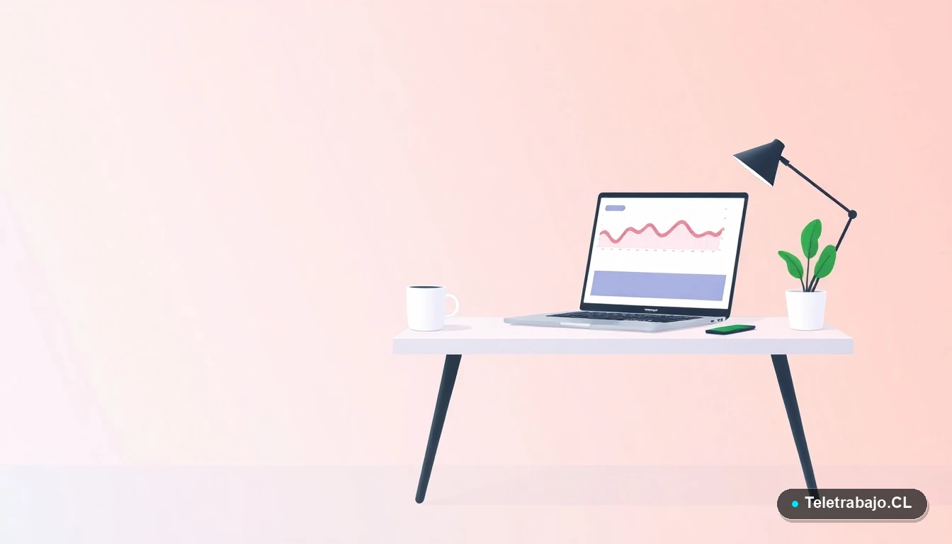 Escritorio moderno minimalista vacío con laptop, taza de café y planta, estilo ilustración vectorial plana, sobre fondo degradado azul frío.