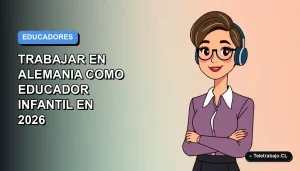 Ilustración vectorial plana de una mujer profesional trabajando como educadora infantil en Alemania, con fondo degradado azul y naranja.