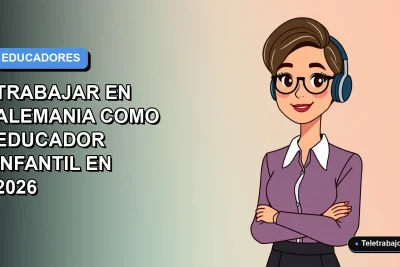 Ilustración vectorial plana de una mujer profesional trabajando como educadora infantil en Alemania, con fondo degradado azul y naranja.