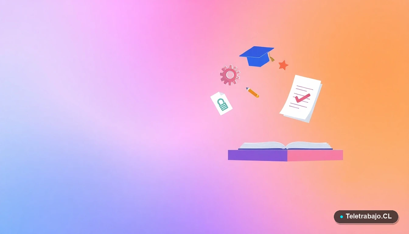 Iconos abstractos de tecnología y educación flotando sobre fondo degradado lila y menta, representando la validación de títulos para trabajar en el extranjero.