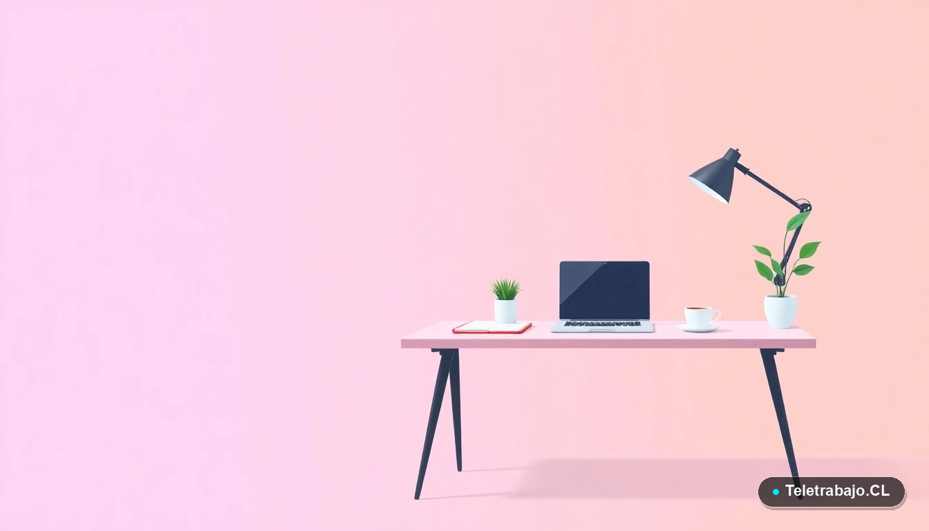 Escritorio moderno minimalista con laptop y artículos de oficina, ilustración plana para artículo sobre teletrabajo y oportunidades en Dubái.