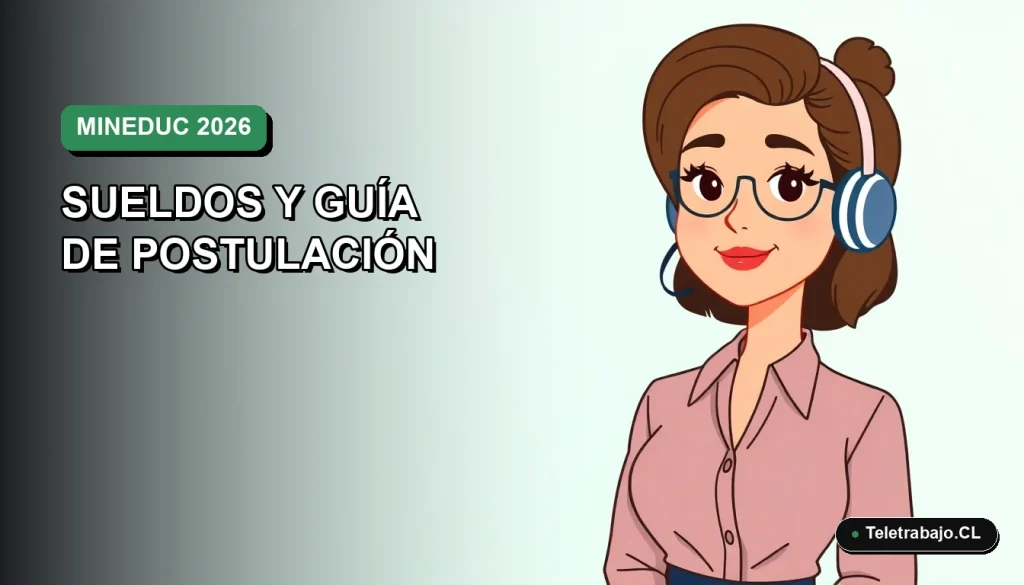 Ilustración vectorial plana de una mujer profesional trabajando de forma remota, con fondo degradado verde, representando oportunidades laborales en el Ministerio de Educación de Chile.
