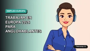Ilustración plana vectorial de una mujer profesional de teletrabajo con blusa azul, fondo degradado suave vacío a la izquierda, concepto de trabajo remoto en Europa para angloparlantes.