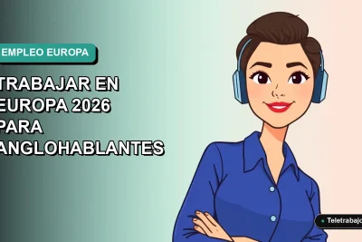 Ilustración plana vectorial de una mujer profesional de teletrabajo con blusa azul, fondo degradado suave vacío a la izquierda, concepto de trabajo remoto en Europa para angloparlantes.