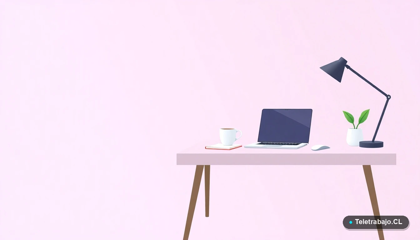 Escritorio moderno minimalista para teletrabajo con laptop y planta, fondo degradado lila, espacio negativo amplio a la izquierda, concepto de espacio de trabajo remoto.