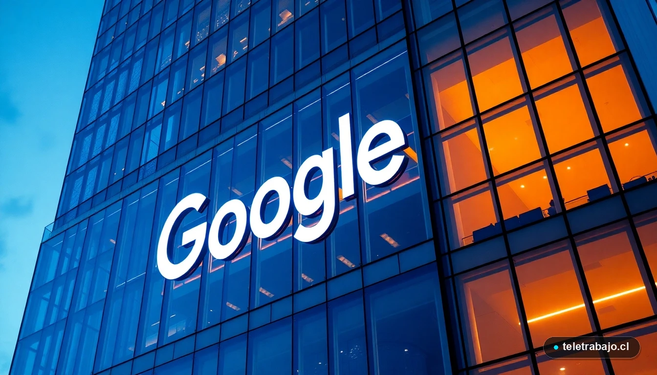 Arquitectura moderna y futurista de las oficinas de Google con iluminación azul y naranja al atardecer.