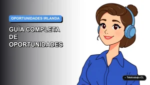 Ilustración plana vectorial de una mujer profesional de teletrabajo con blusa azul, sobre fondo degradado suave azul y blanco, representando oportunidades laborales en Irlanda.