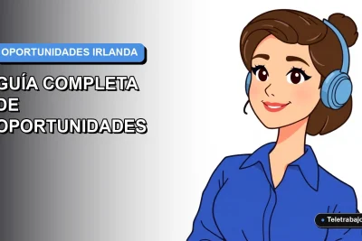Ilustración plana vectorial de una mujer profesional de teletrabajo con blusa azul, sobre fondo degradado suave azul y blanco, representando oportunidades laborales en Irlanda.