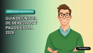 Ilustración plana de un trabajador de oficina sonriendo, con un suéter verde, sobre un fondo degradado azul verdoso. Representa los derechos laborales para trabajar en Navidad en Chile.