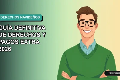 Ilustración plana de un trabajador de oficina sonriendo, con un suéter verde, sobre un fondo degradado azul verdoso. Representa los derechos laborales para trabajar en Navidad en Chile.